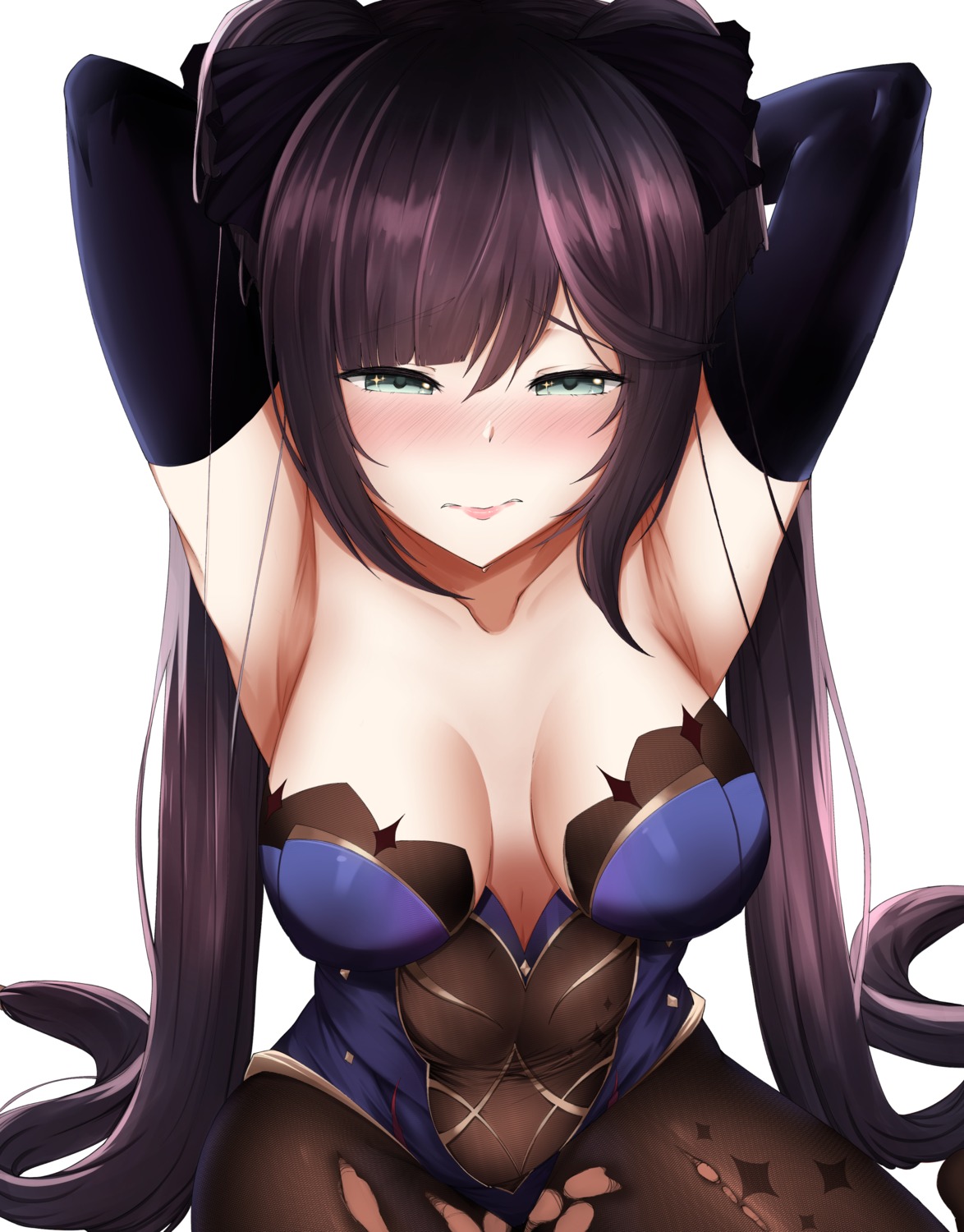 genshin_impact kcirta_p leotard mona_megistus no_bra pantyhose torn_clothes witch