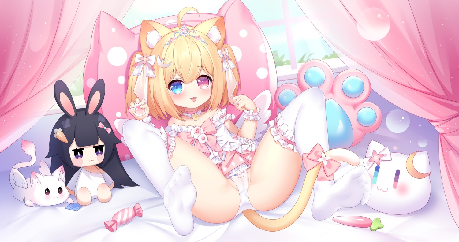 animal_ears cameltoe dress feet gala_(16901040) garter heterochromia loli nekomimi no_bra pantsu skirt_lift tail thighhighs