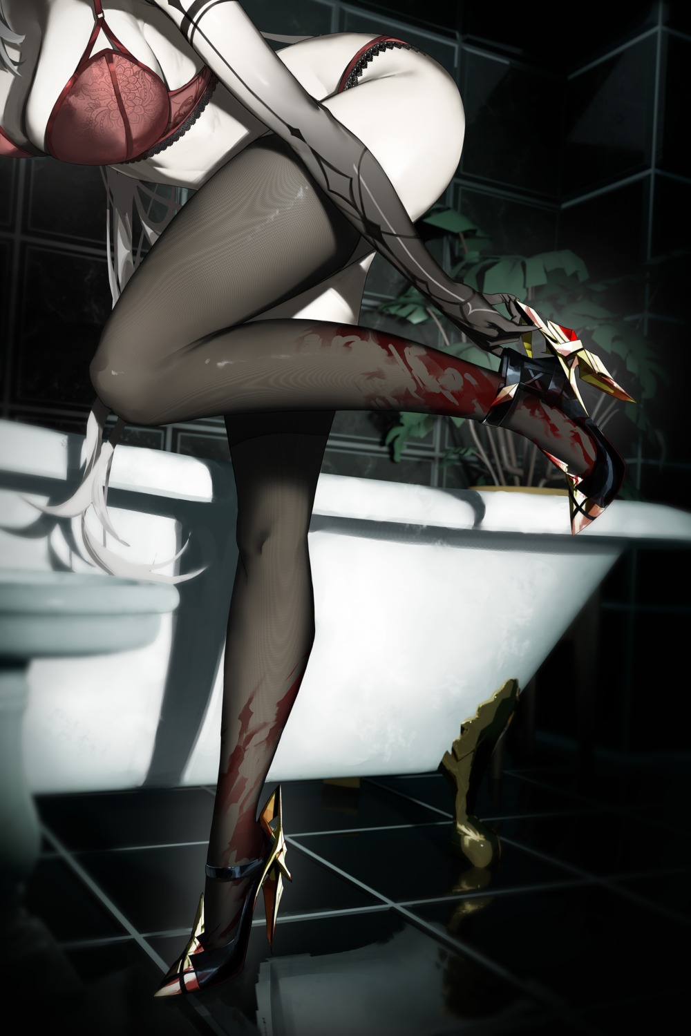 arlecchino blood bra genshin_impact heels joehongtee pantsu tattoo thighhighs