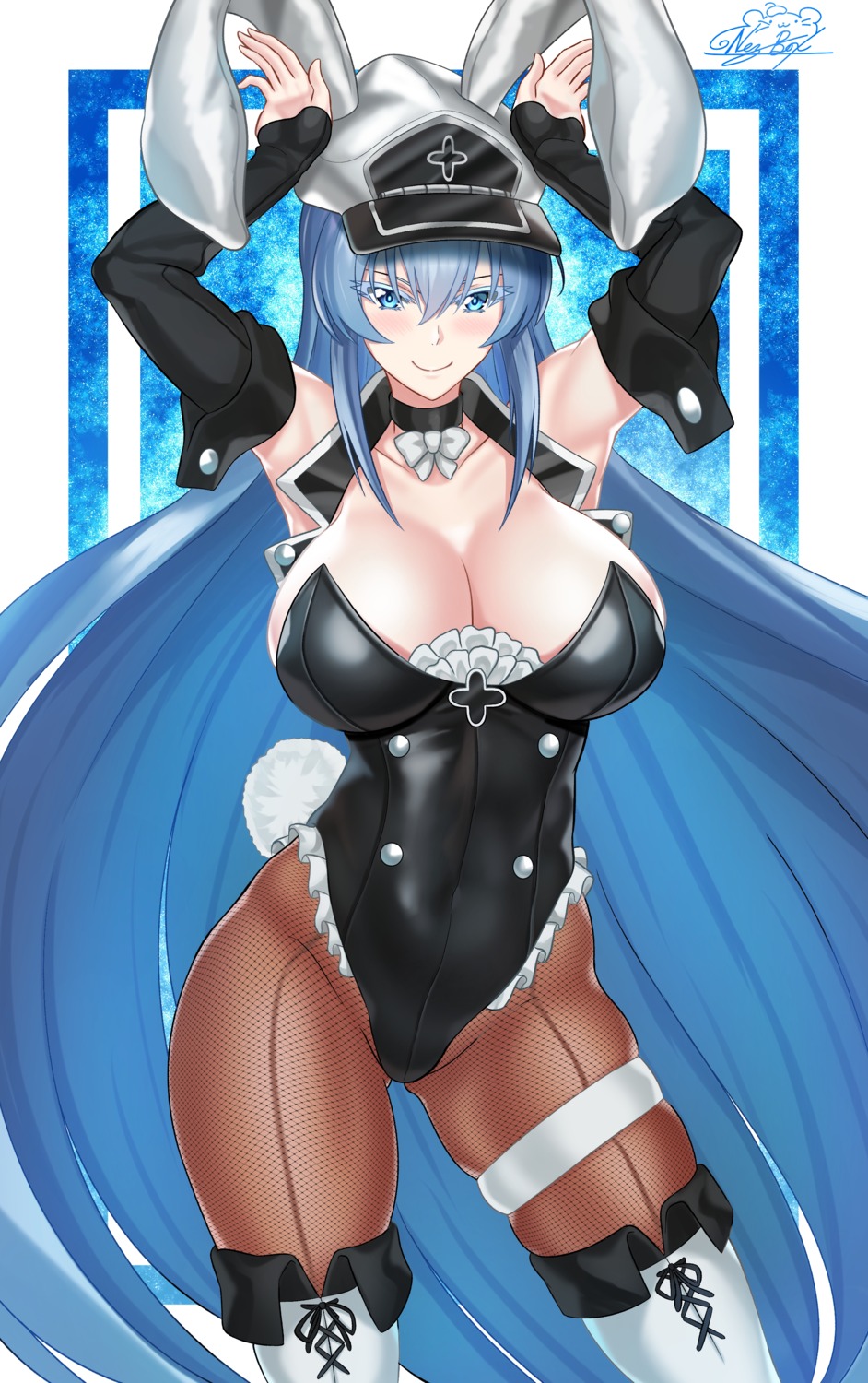 akame_ga_kill! animal_ears bunny_ears bunny_girl esdeath fishnets garter nez-box pantyhose tail thighhighs