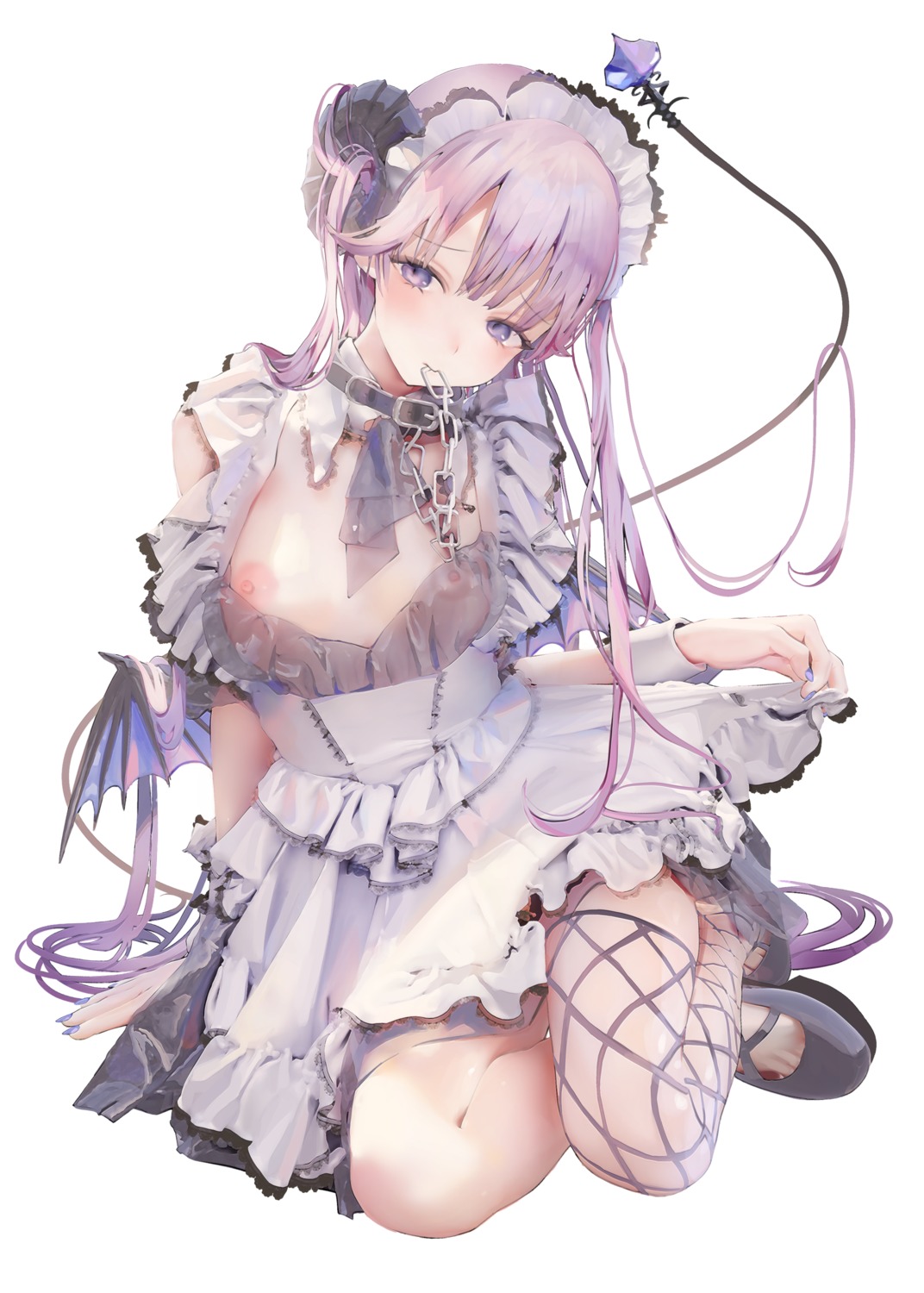 fishnets horns iijima_masashi maid nipples no_bra open_shirt see_through skirt_lift tail thighhighs wings