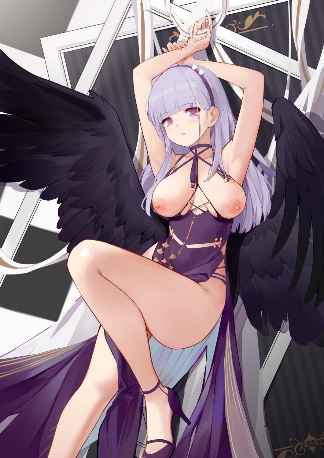 azur_lane breasts dido_(azur_lane) flyyao heels nipples no_bra skirt_lift wings