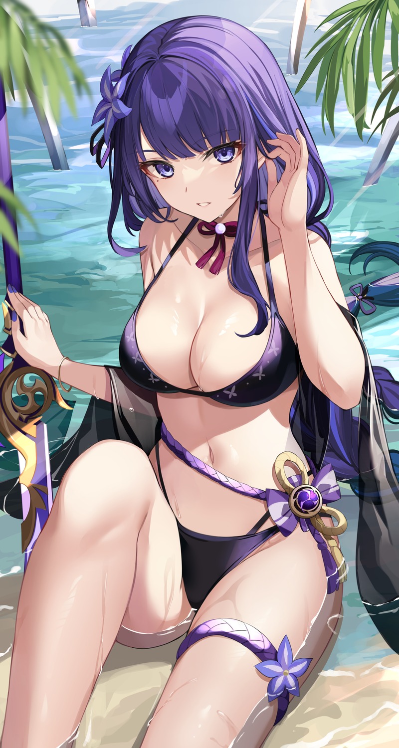 bikini garter genshin_impact raiden_shogun swimsuits sword takehana_note wet