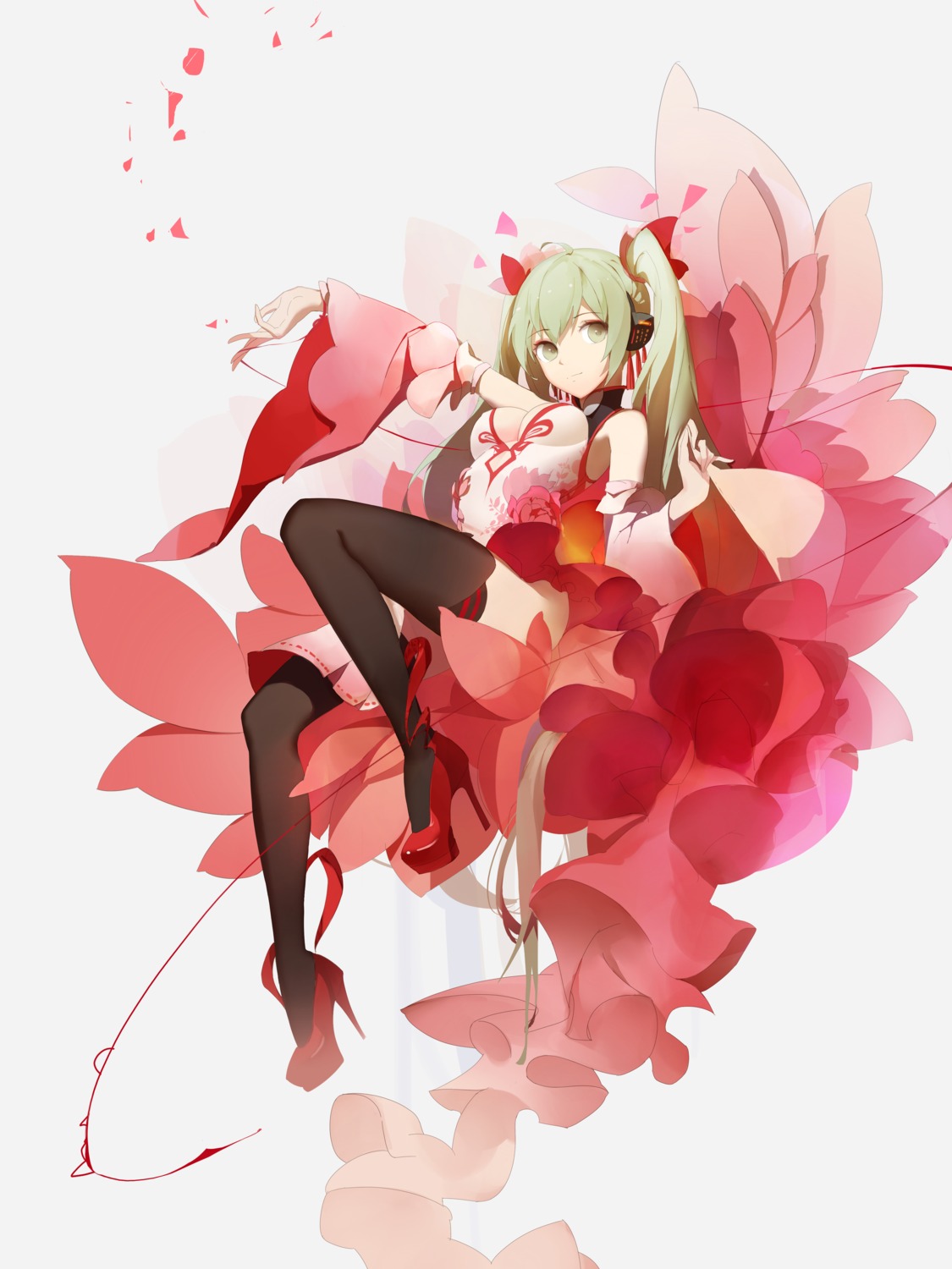 cleavage hatsune_miku headphones heels no_bra red_flowers thighhighs vocaloid