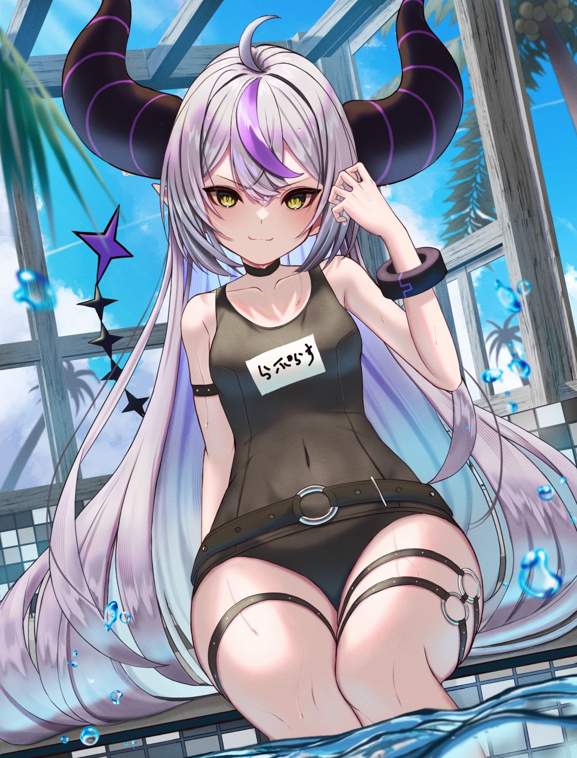 garter hololive horns inari_(ambercrown) la+_darknesss loli pointy_ears school_swimsuit swimsuits tail wet