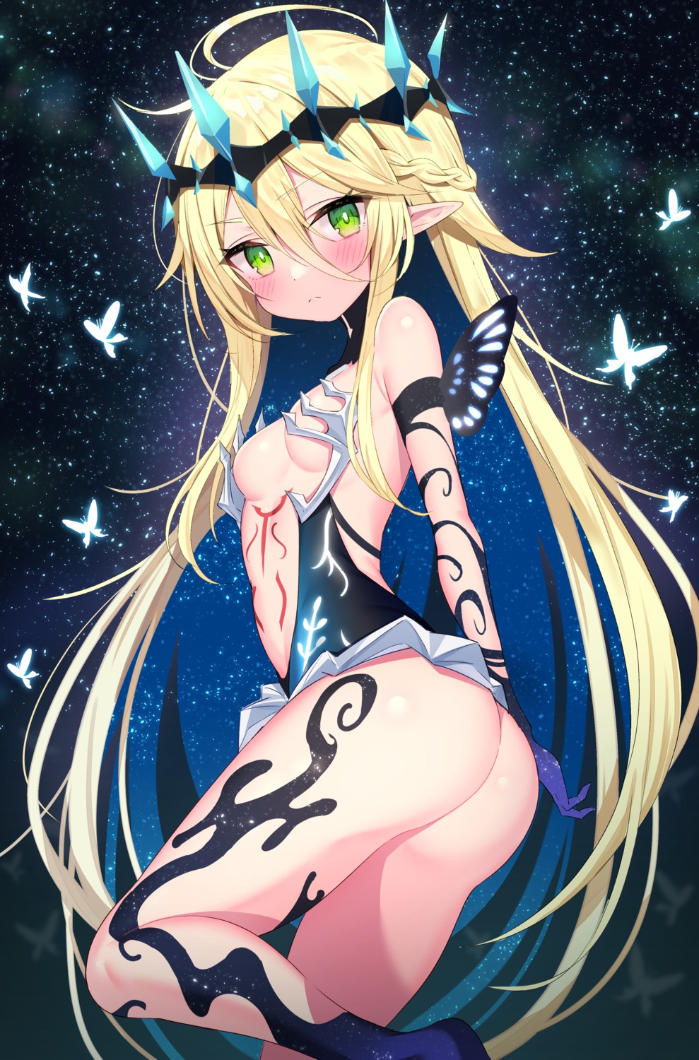 ass ichi-jirushi no_bra nopan pointy_ears skirt_lift tattoo wings