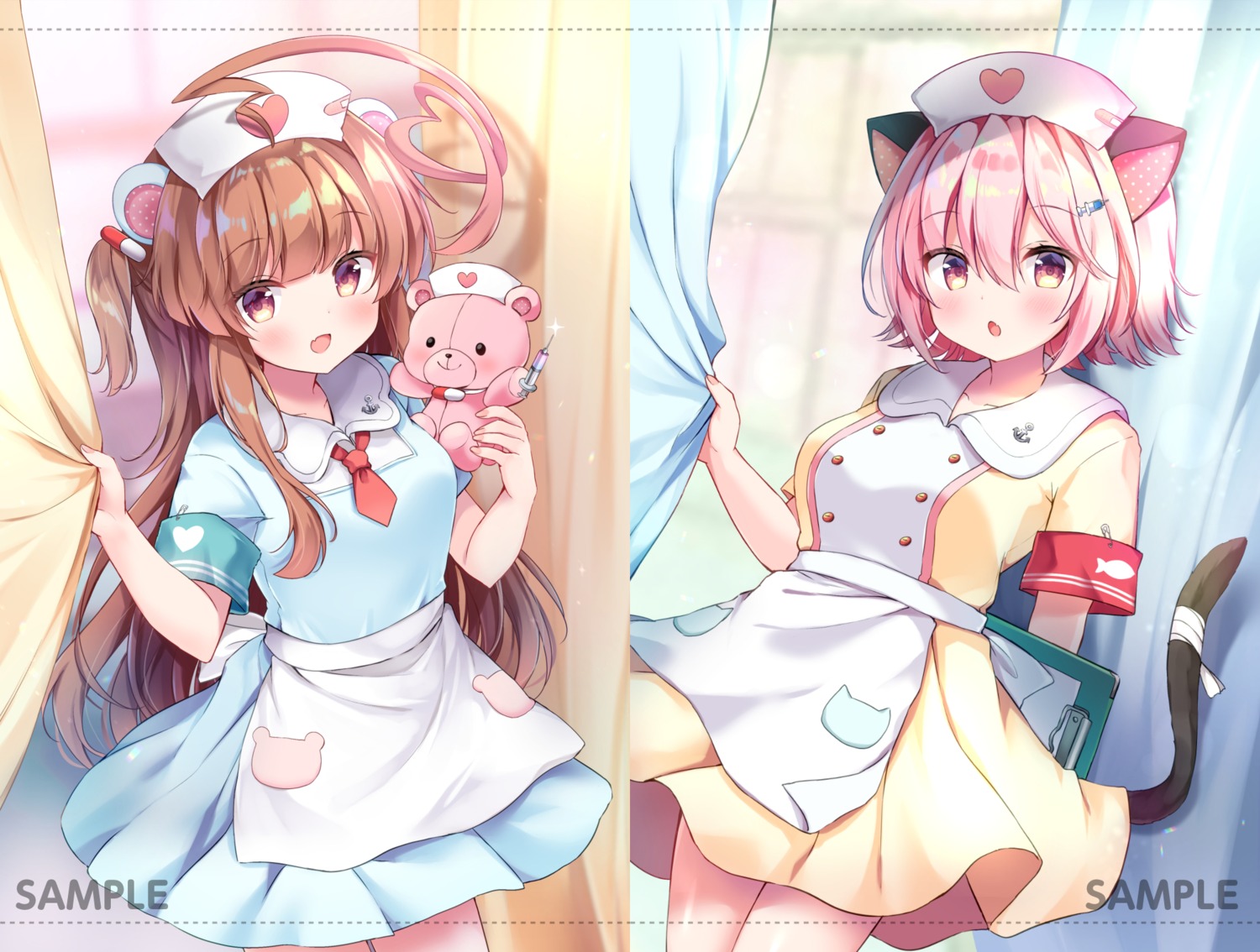 animal_ears kantai_collection kuma_(kancolle) nekomimi nurse sample tail tama_(kancolle) yuimisu