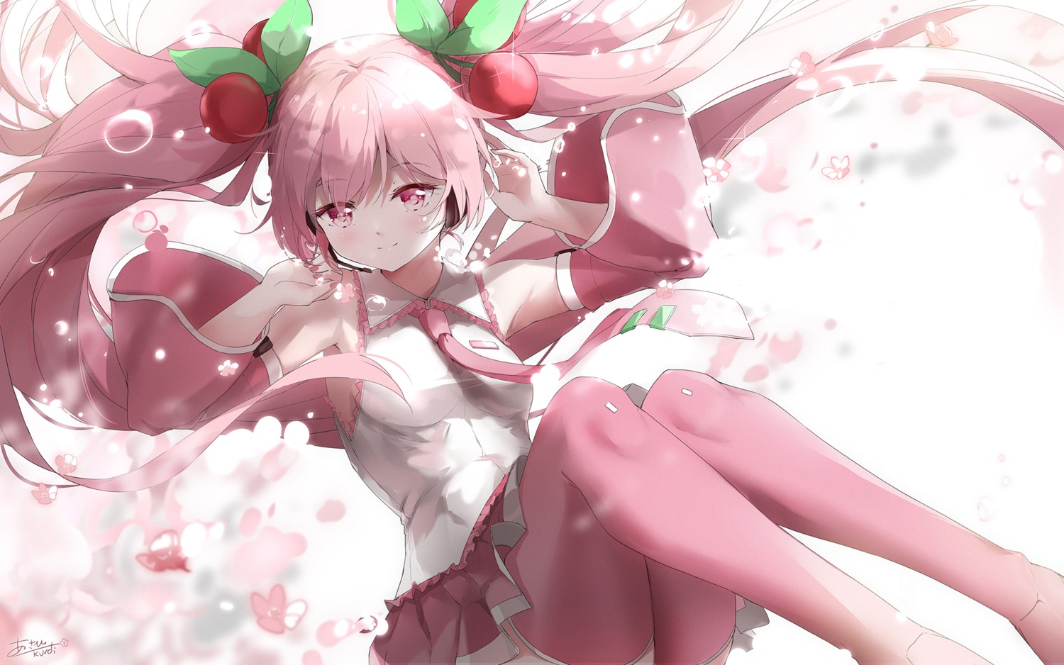 asahi_kuroi hatsune_miku headphones sakura_miku skirt_lift thighhighs vocaloid