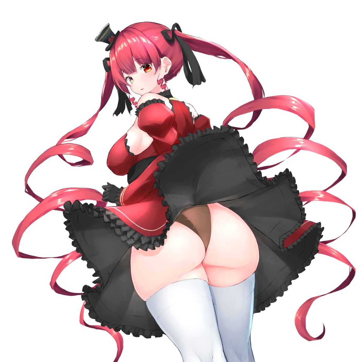 ass erect_nipples heterochromia hololive houshou_marine leotard nai skirt_lift thighhighs