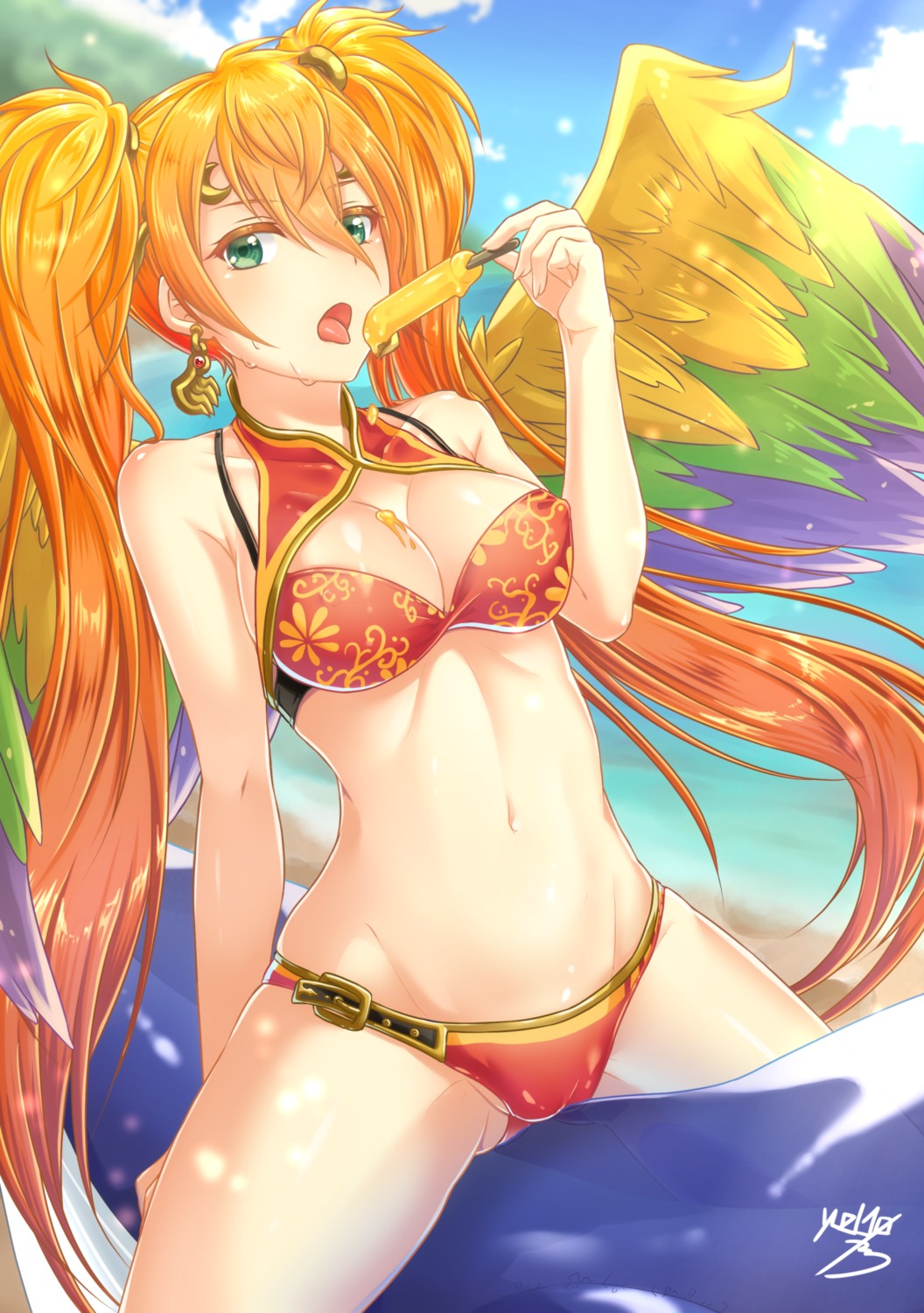 bikini cameltoe cleavage cream puzzle_&_dragons swimsuits wings yuzutosen