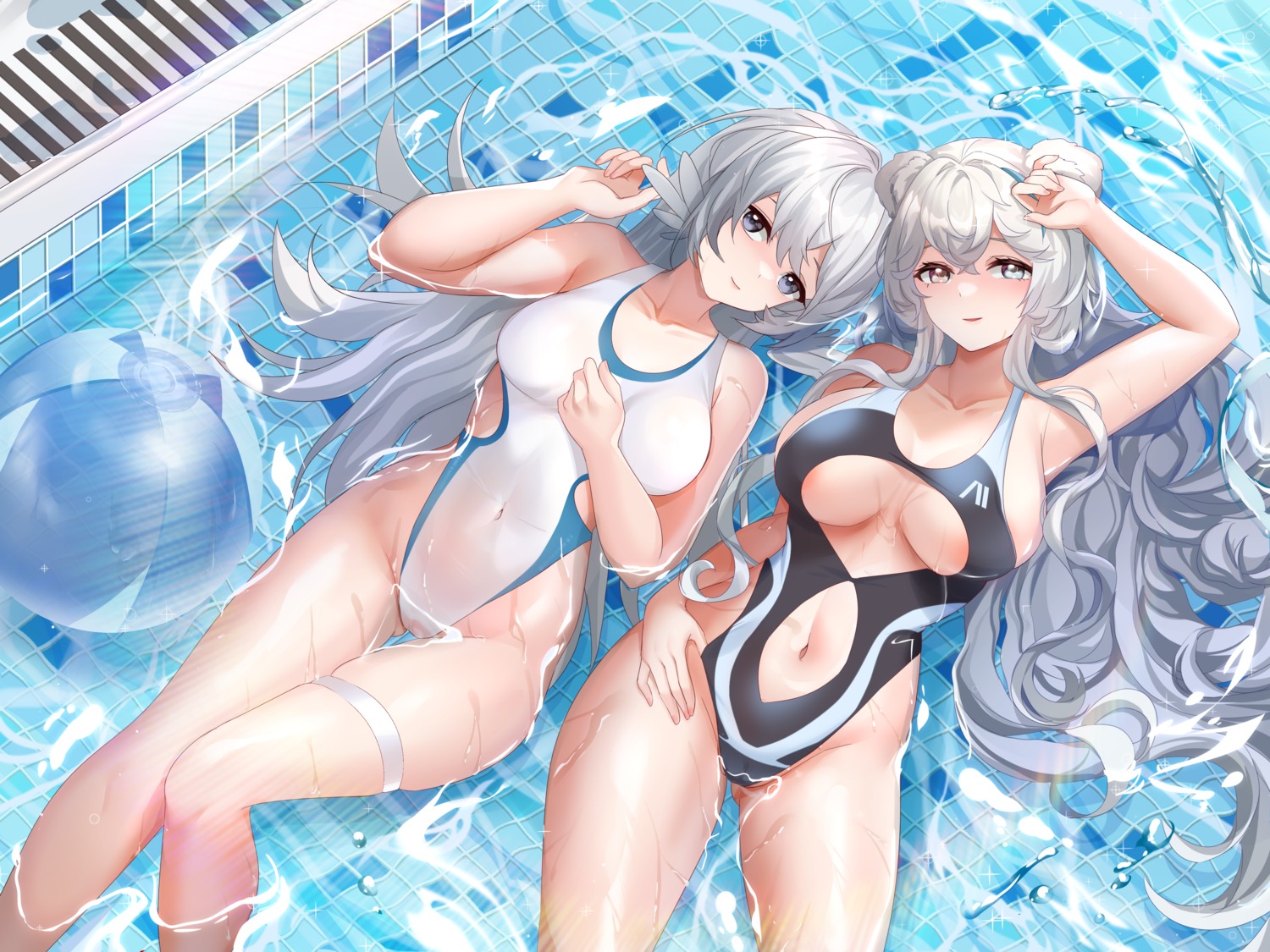 arknights cameltoe garter lingshalan mulberry_(arknights) rosa_(arknights) swimsuits wet