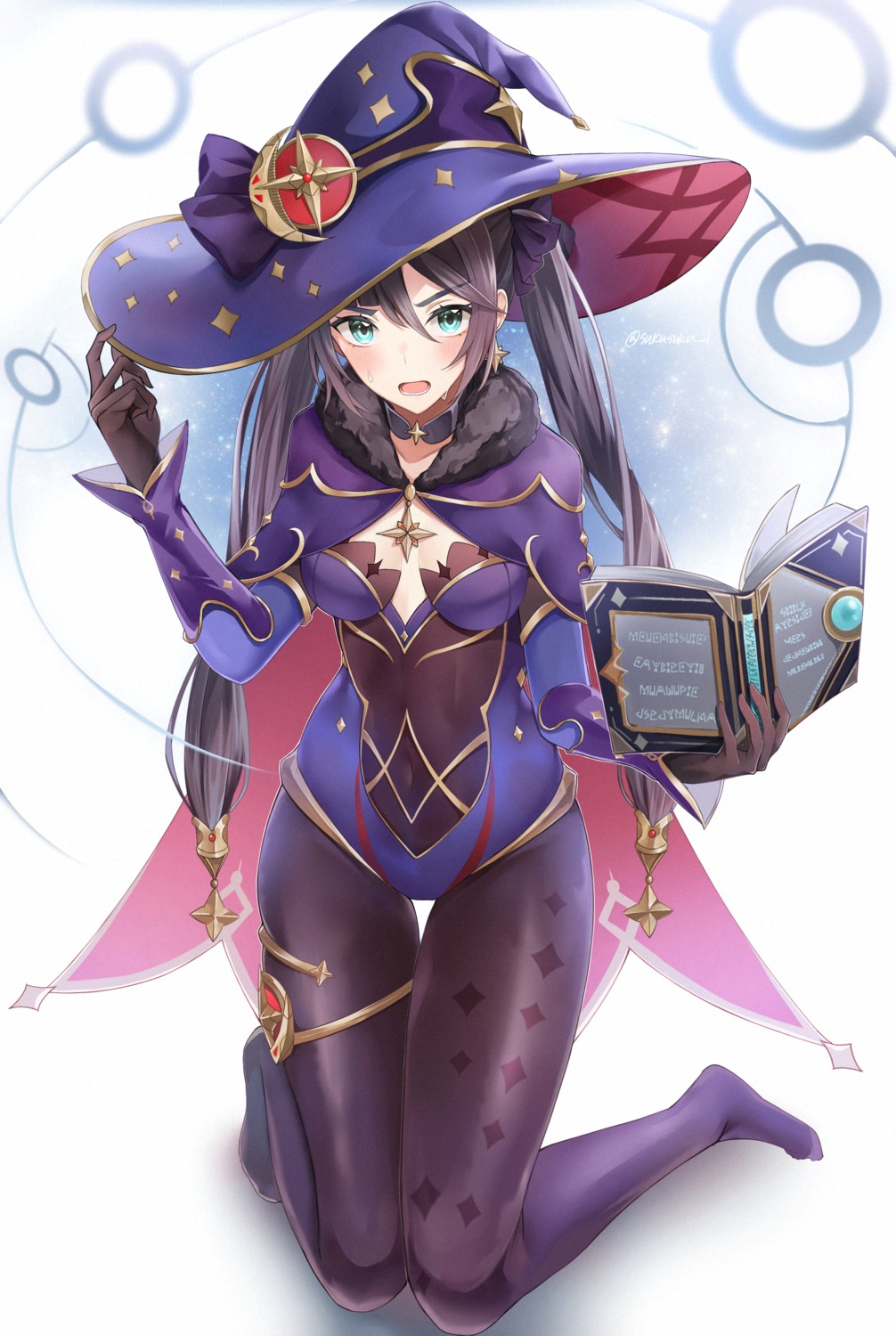 cleavage garter genshin_impact leotard mona_megistus no_bra pantyhose sukuemon witch