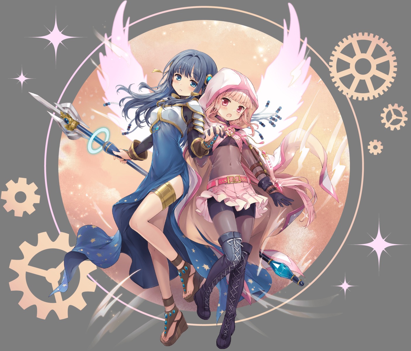 armor bodysuit dress garter magia_record:_mahou_shoujo_madoka_magica_gaiden nanami_yachiyo puella_magi_madoka_magica punyan tamaki_iroha thighhighs transparent_png weapon