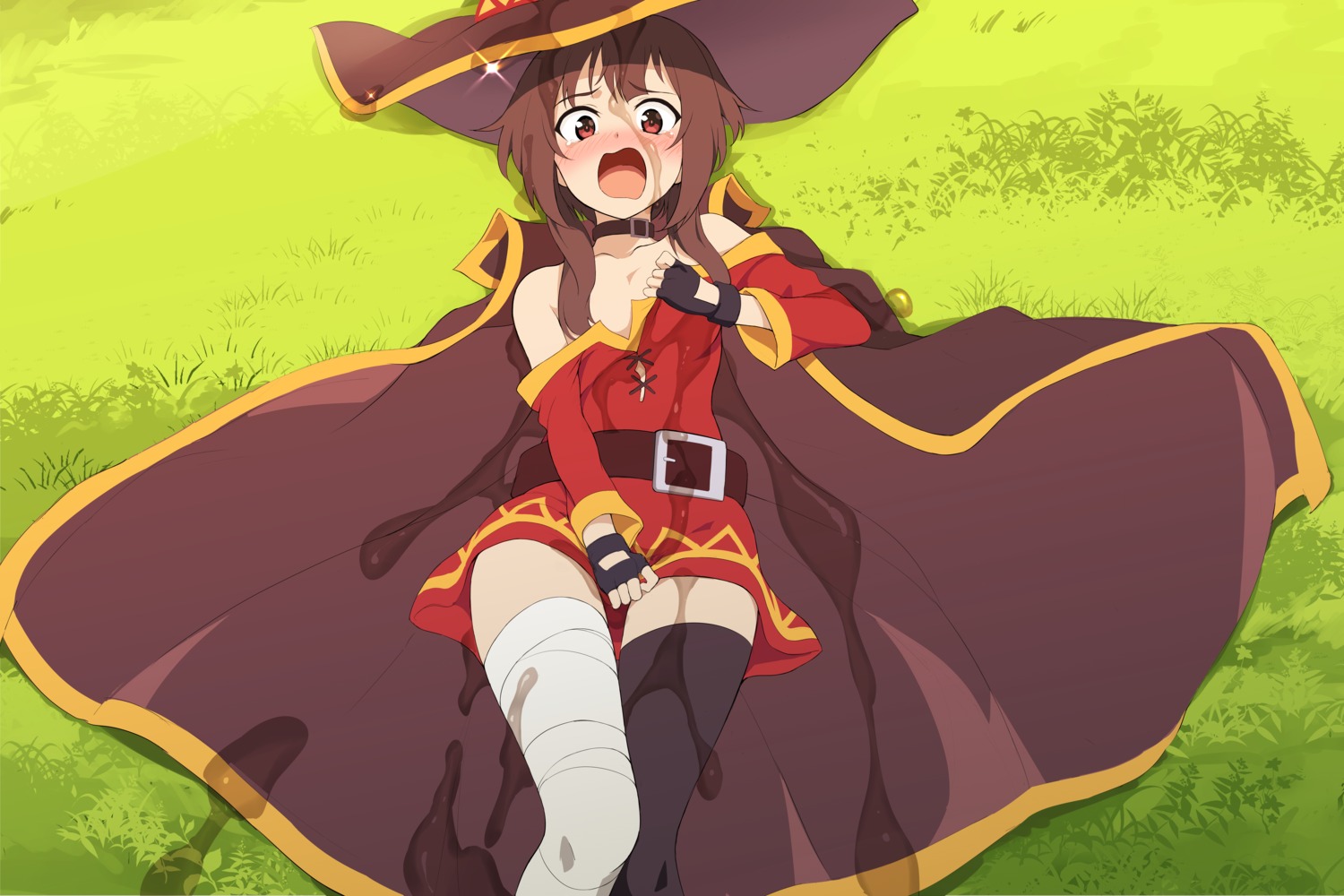 bandages cream dress kono_subarashii_sekai_ni_shukufuku_wo! kyokucho megumin no_bra open_shirt skirt_lift thighhighs witch