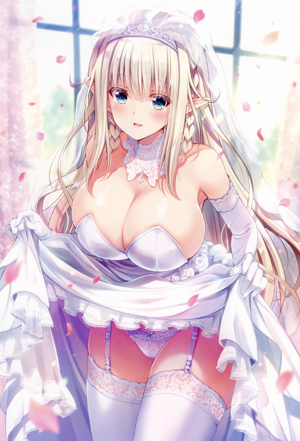 dress no_bra pantsu pointy_ears skirt_lift stockings suzui_narumi thighhighs wedding_dress