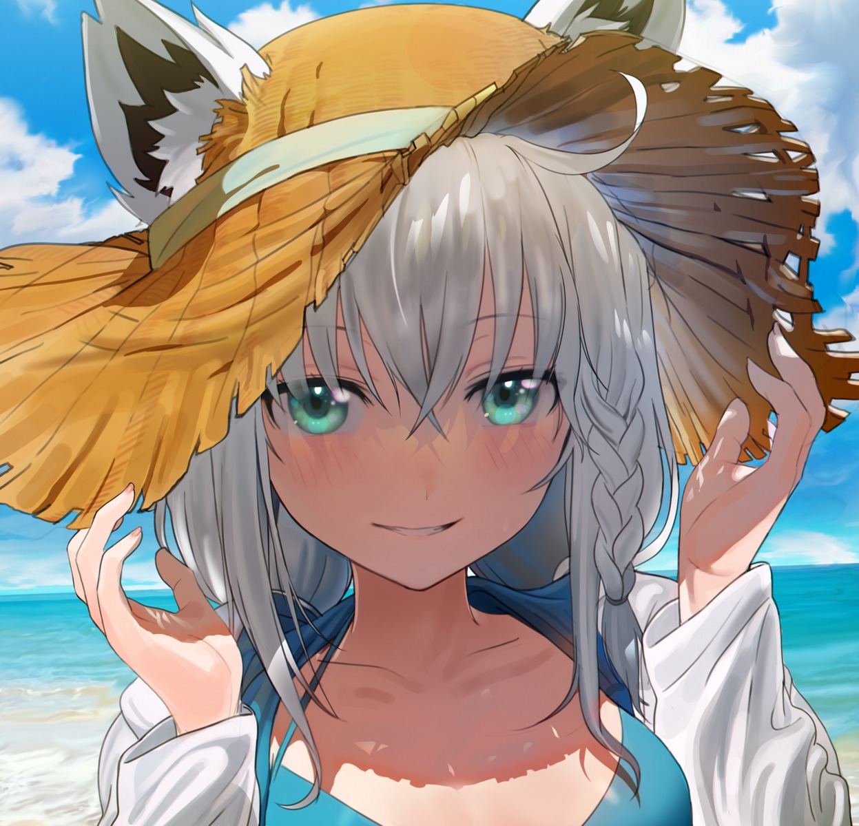 animal_ears bikini_top hololive hololive_gamers kitsune open_shirt seicoh shirakami_fubuki swimsuits