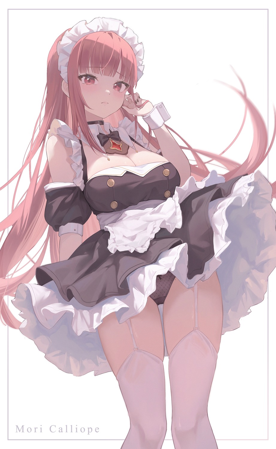 cleavage hololive hololive_english maid midori_xu mori_calliope pantsu skirt_lift stockings thighhighs