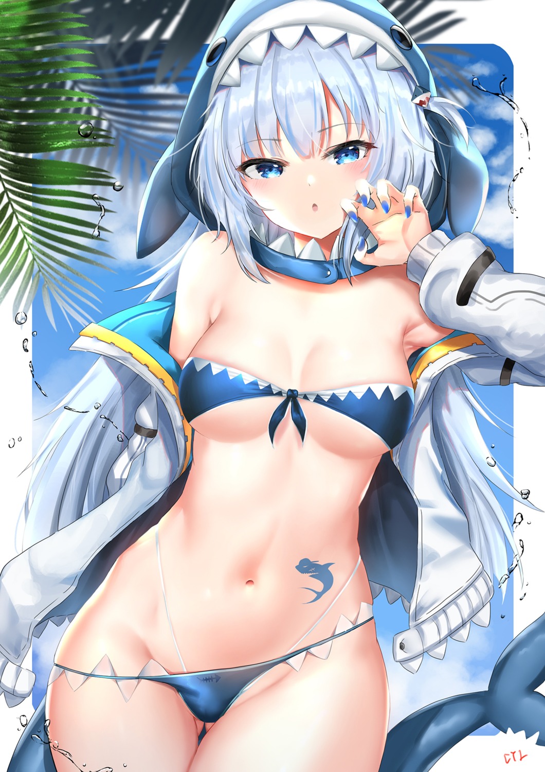 bikini cyicheng gawr_gura hololive hololive_english open_shirt swimsuits tail tattoo