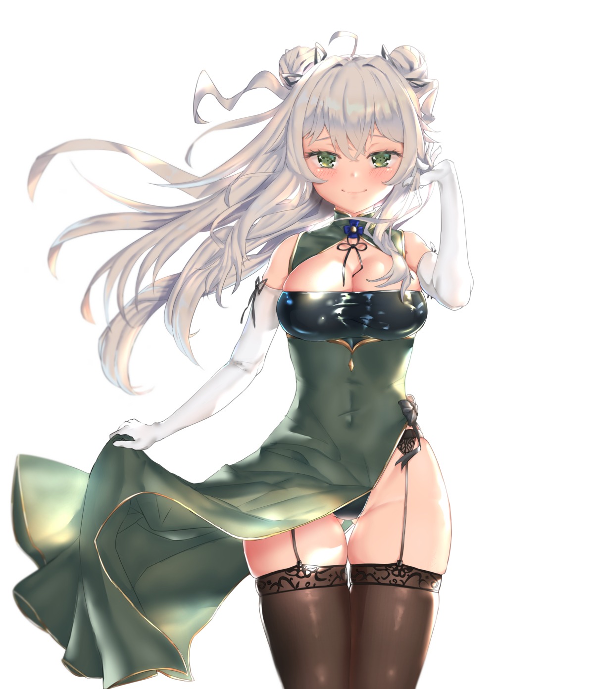 asian_clothes cleavage pantsu shinka_(user_rcem8835) skirt_lift stockings thighhighs