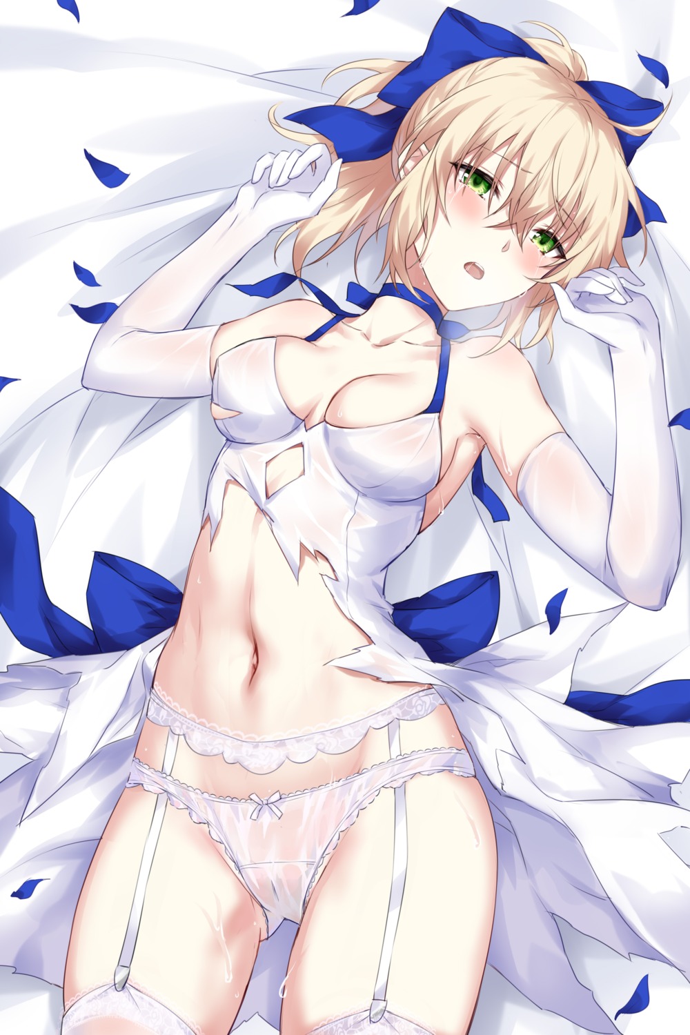 devil_heavens fate/stay_night garter_belt no_bra pantsu saber see_through stockings thighhighs torn_clothes