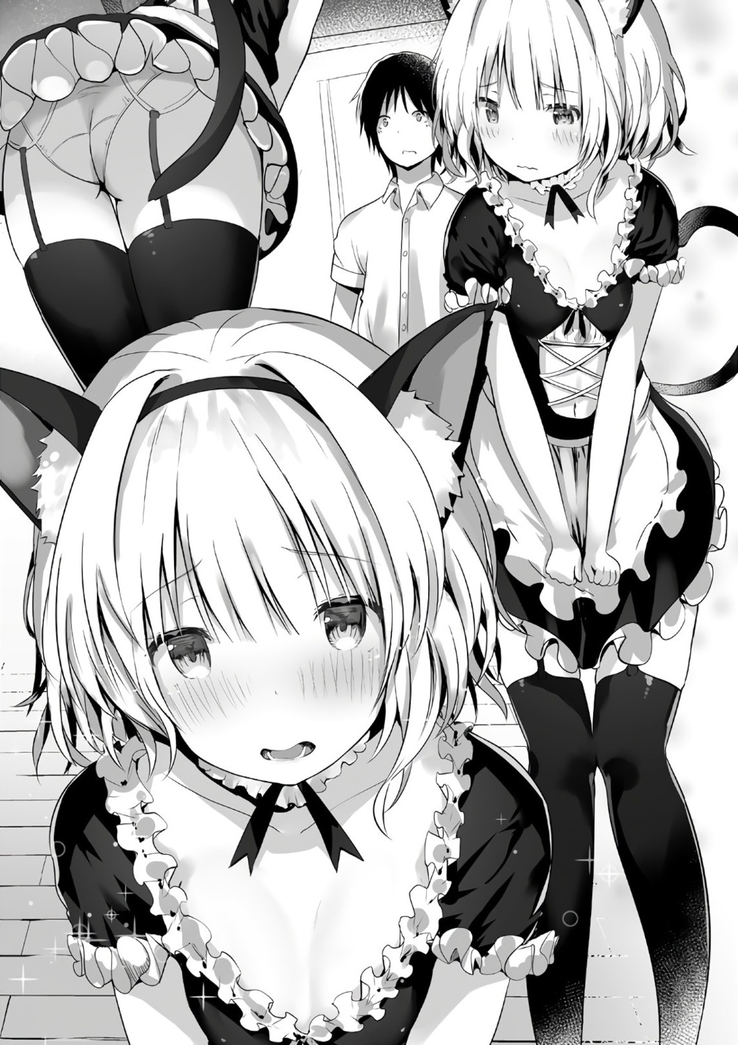 animal_ears ass cleavage kawaikereba_hentai_demo_suki_ni_natte_kuremasu_ka? kiryuu_keiki koga_yuika maid monochrome nekomimi pantsu stockings sune_(mugendai) tail thighhighs