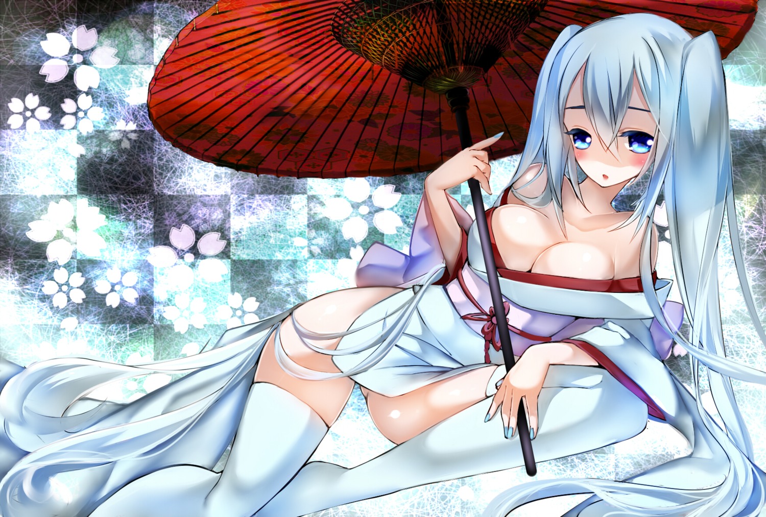 hatsune_miku kimono no_bra open_shirt rahato thighhighs umbrella vocaloid