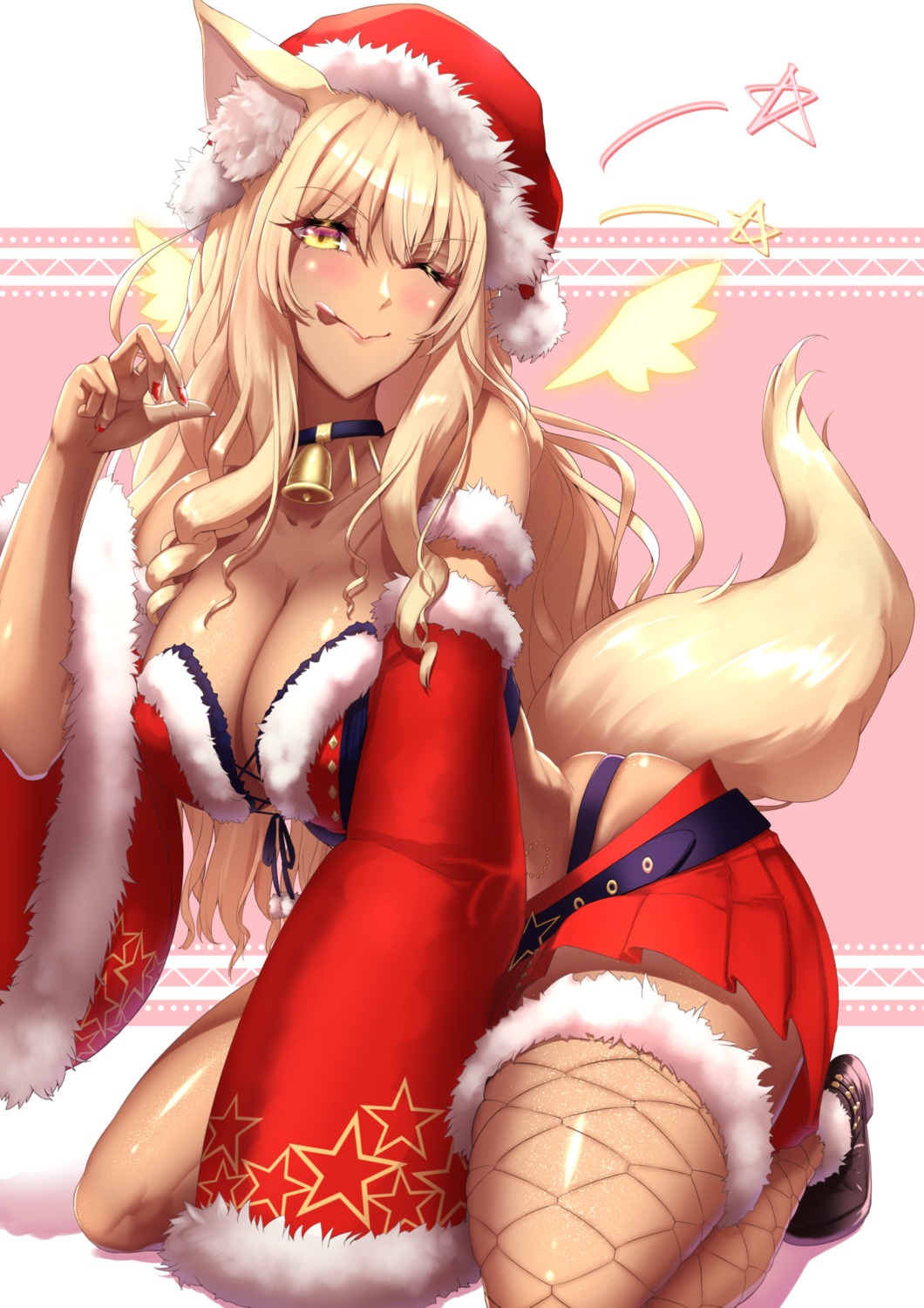 animal_ears bra christmas fate/grand_order fishnets pantsu shiroshisu suzuka_gozen_(fate/grand_order) tail thighhighs