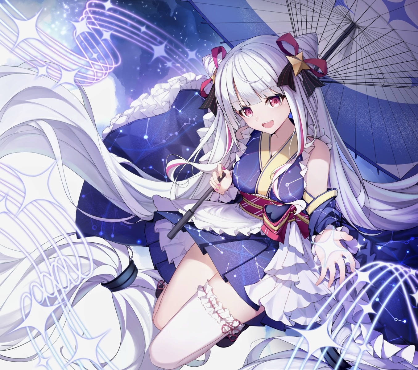 arcaea japanese_clothes nami_(arcaea) skirt_lift thighhighs umbrella xy_wang