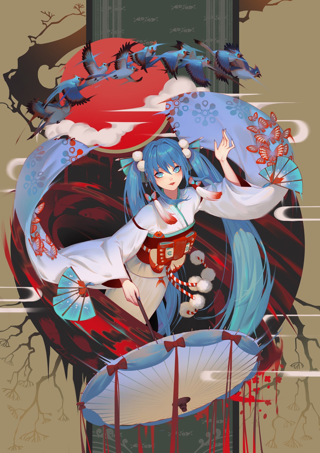 hatsune_miku japanese_clothes lian_yao umbrella vocaloid