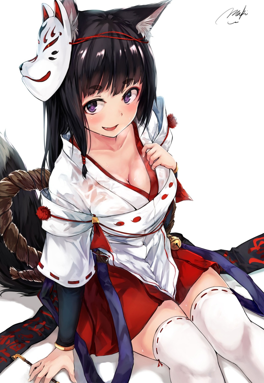 animal_ears aramaki_echizen cleavage kitsune miko see_through tail thighhighs wet_clothes