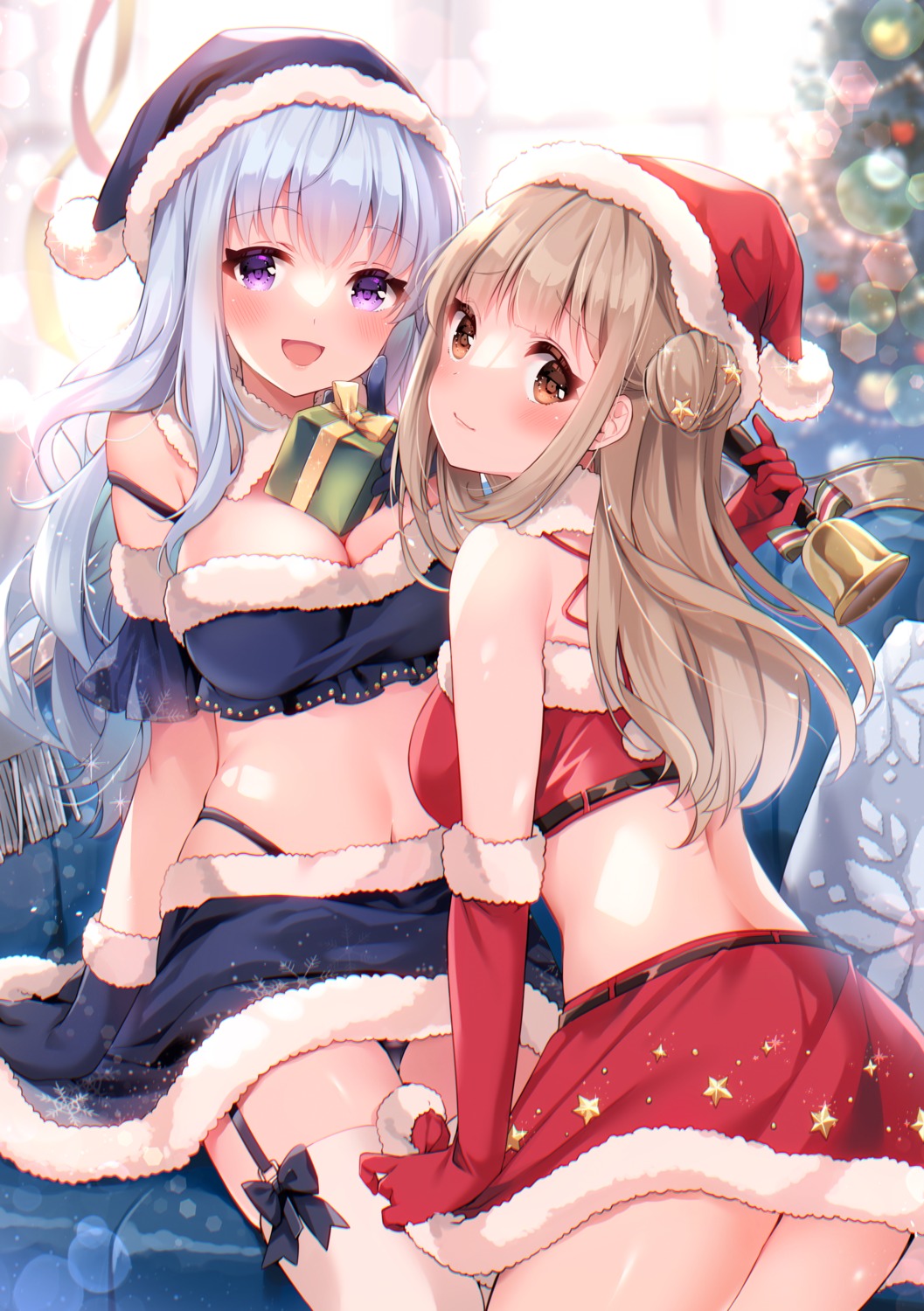 christmas cleavage koharu_(koiko_irori) koiko_irori marie_(koiko_irori) no_bra pantsu skirt_lift stockings thighhighs