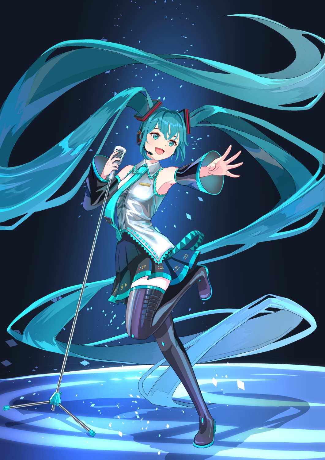 hatsune_miku headphones nap_on_a_cloud skirt_lift tattoo thighhighs vocaloid