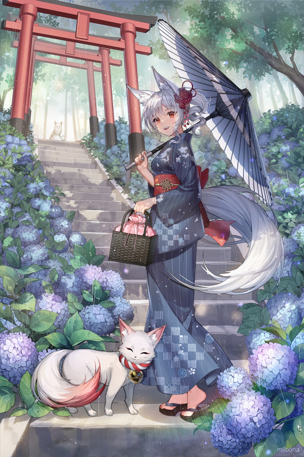 animal_ears kitsune milcona tail umbrella yukata