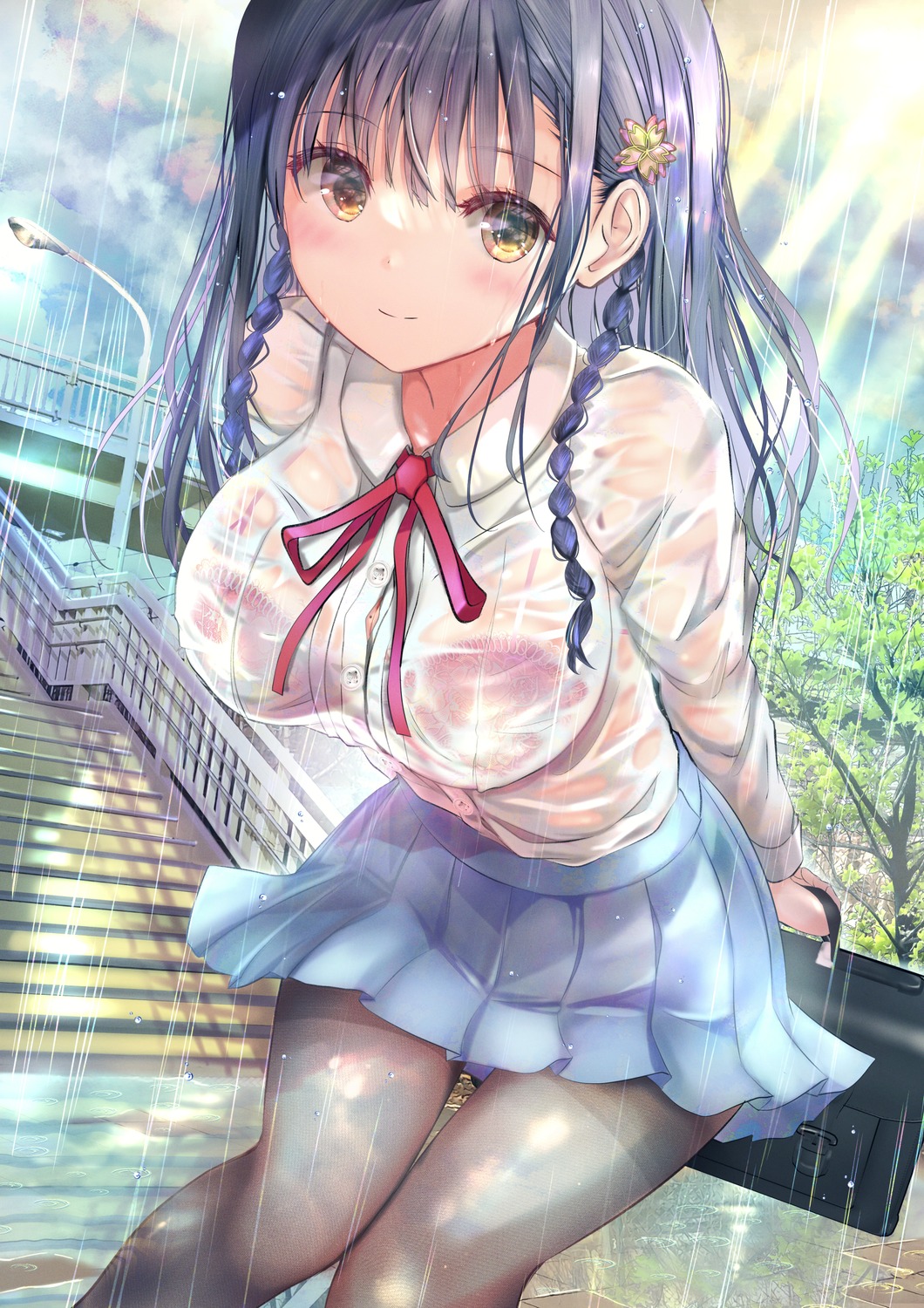 bra ogata_tei pantyhose see_through seifuku skirt_lift wet_clothes