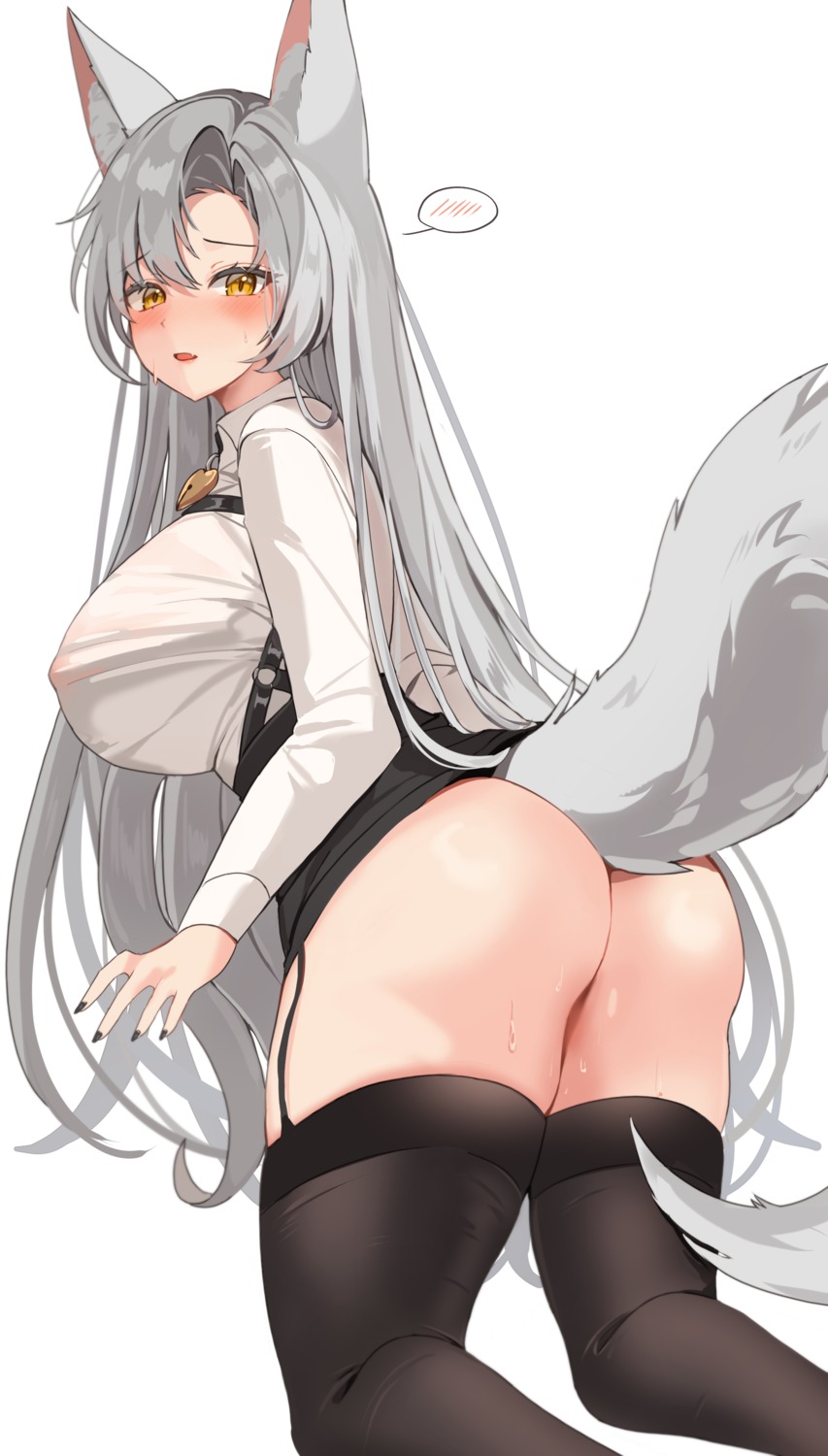 animal_ears ass erect_nipples eun_soyeon_(lustyfox) kitsune no_bra nopan sayan see_through skirt_lift stockings tail thighhighs