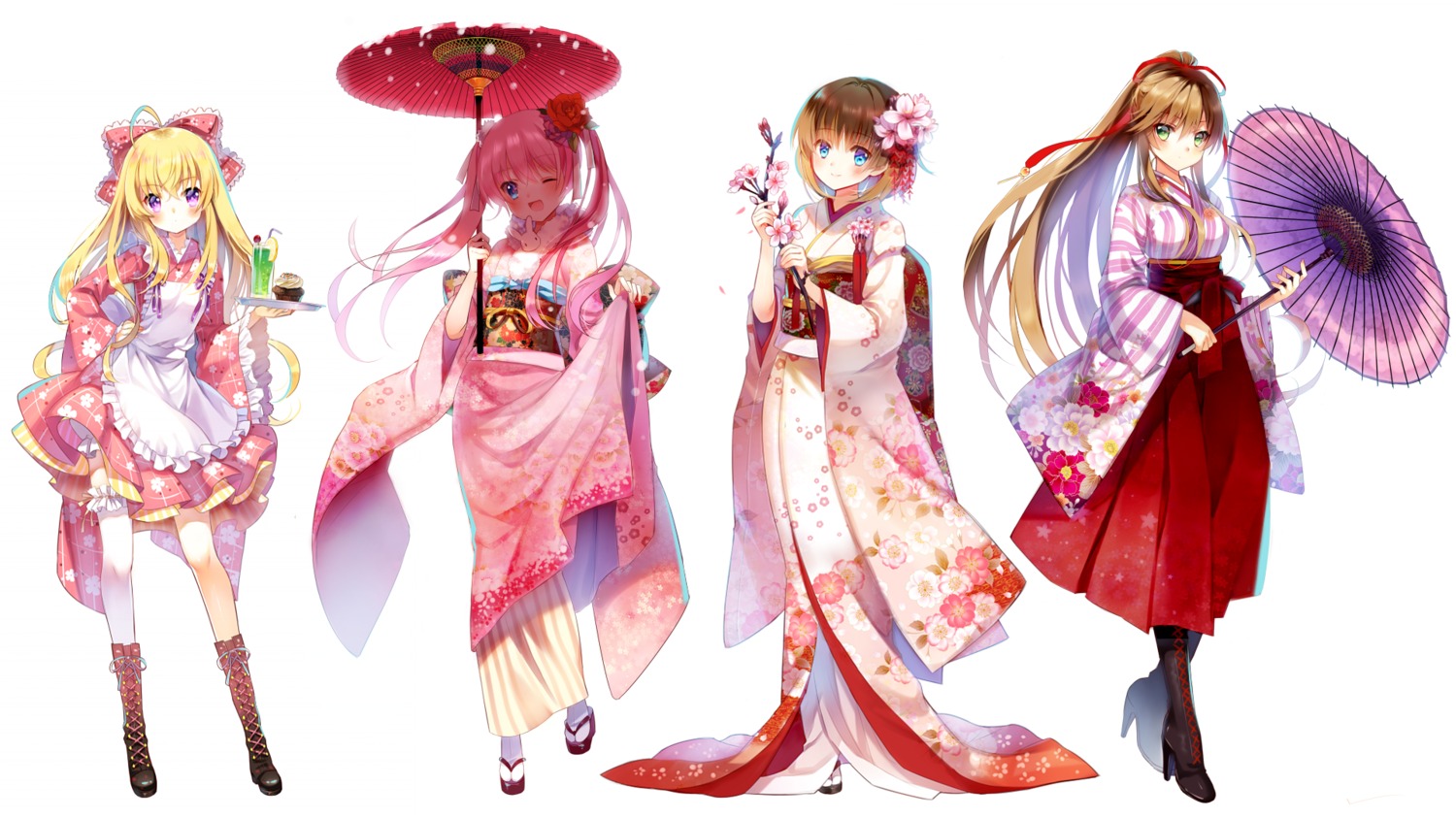 heels japanese_clothes jiji_(381134808) kamuy_apocolypss kimono maid skirt_lift thighhighs umbrella wa_maid wallpaper