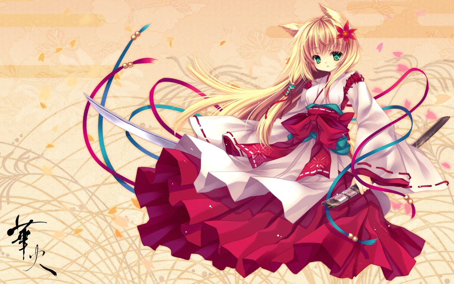 animal_ears capura_lin i.s.w miko sword wallpaper