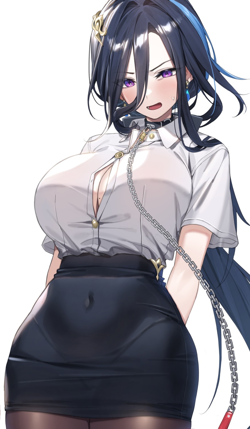 cleavage clorinde dress_shirt genshin_impact no_bra open_shirt pantyhose piyo_(pixiv_2308057) wardrobe_malfunction