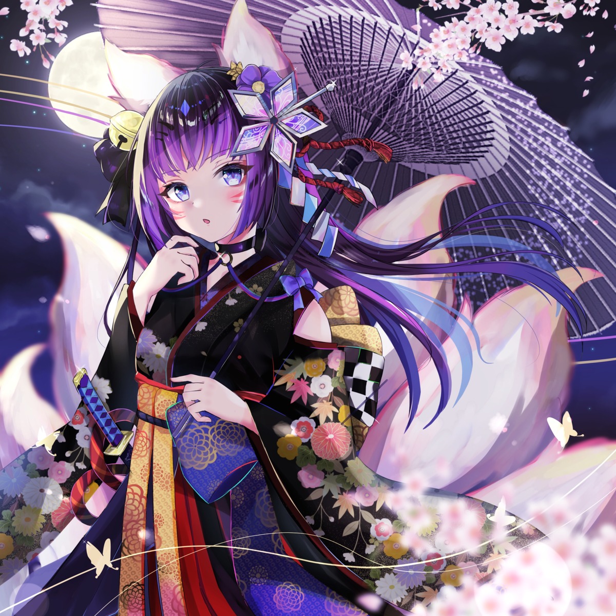 animal_ears kimono kitsune masyu_jyaga sword tail tattoo umbrella
