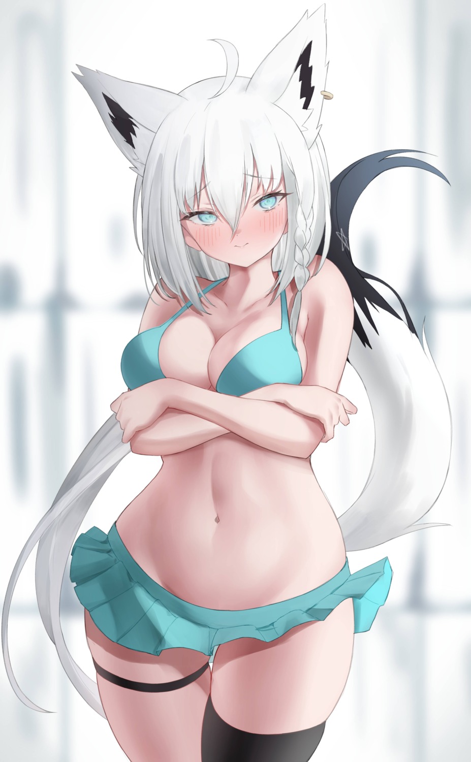 animal_ears bikini breast_hold garter higashigure hololive hololive_gamers kitsune shirakami_fubuki skirt_lift swimsuits tail thighhighs