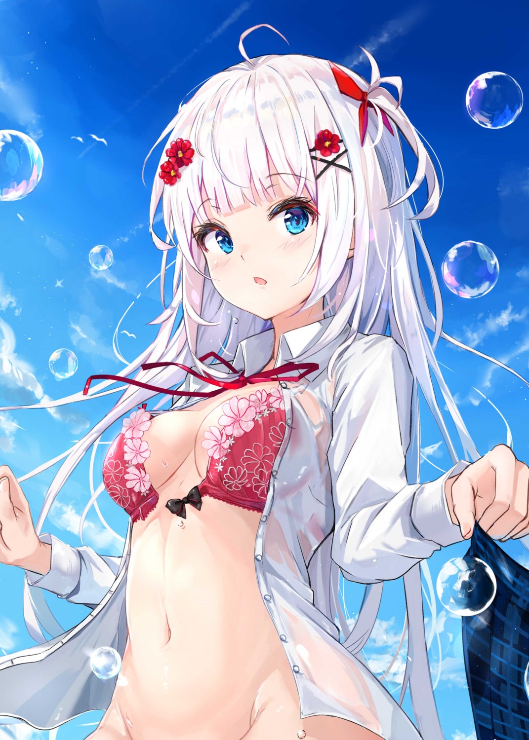 bottomless bra na_kyo open_shirt see_through seifuku wardrobe_malfunction wet_clothes