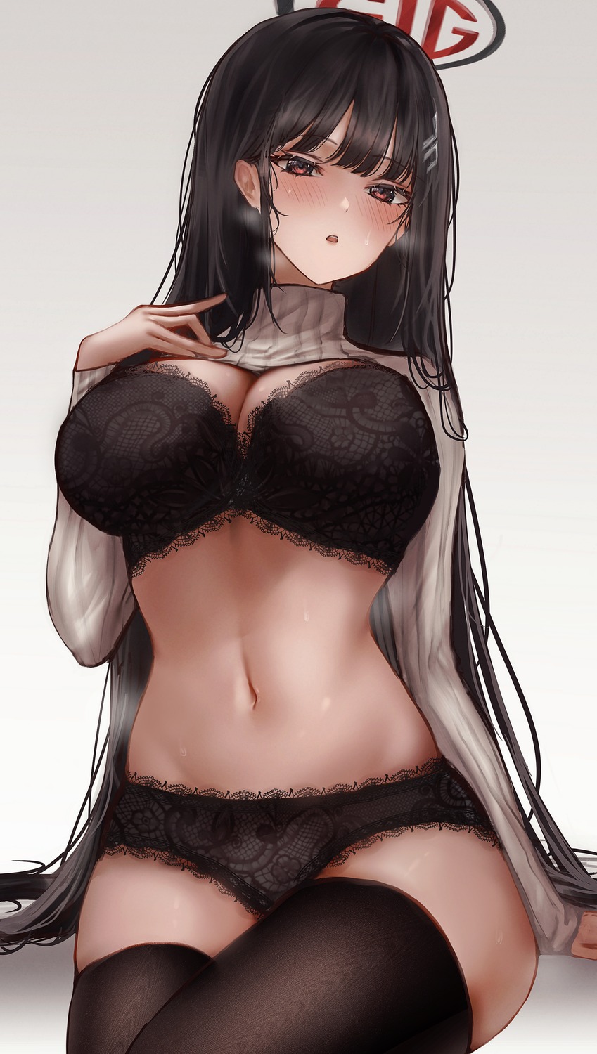 at_congju blue_archive bra halo pantsu shirt_lift sweater thighhighs tsukatsuki_rio