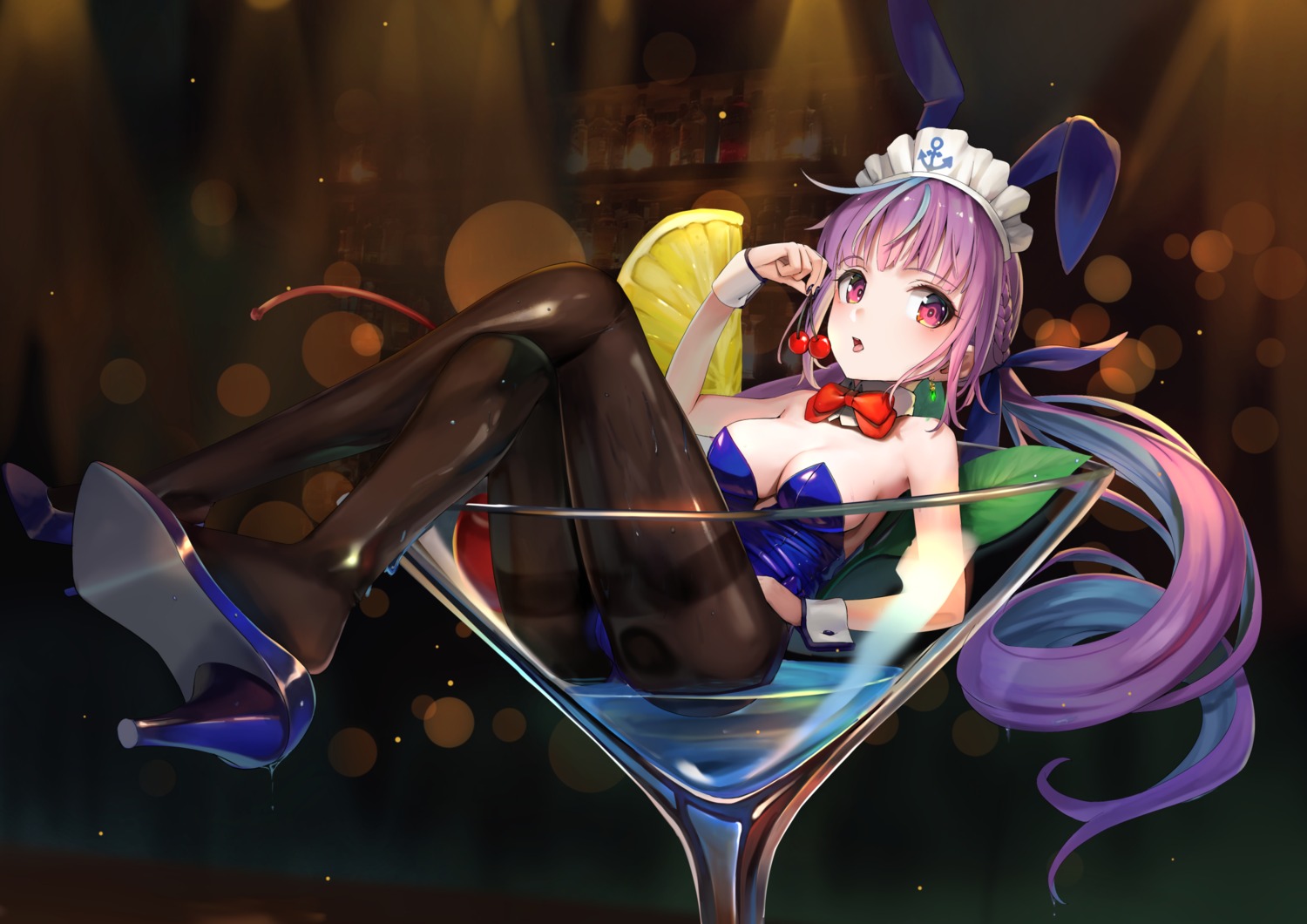 animal_ears bunny_ears bunny_girl cleavage heels hololive minato_aqua no_bra pantyhose sunga2usagi wet