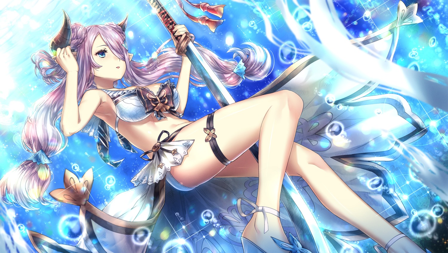 bikini garter granblue_fantasy heels horns hourainingyou narumeia_(granblue_fantasy) pointy_ears swimsuits sword