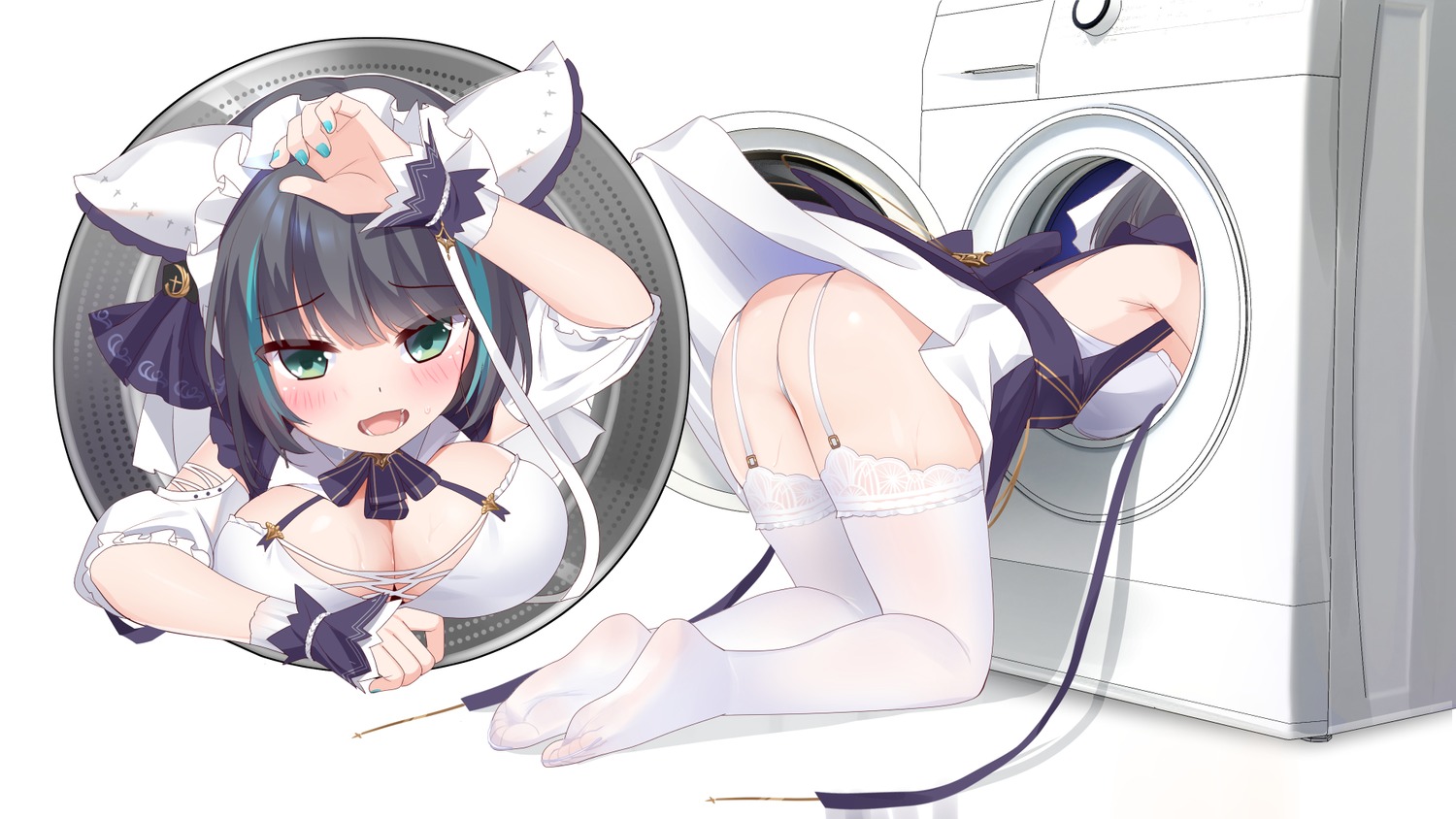 ass azur_lane cheshire_(azur_lane) maid no_bra pantsu skirt_lift stockings thighhighs thong wallpaper wardrobe_malfunction xiao_shi_lullaby