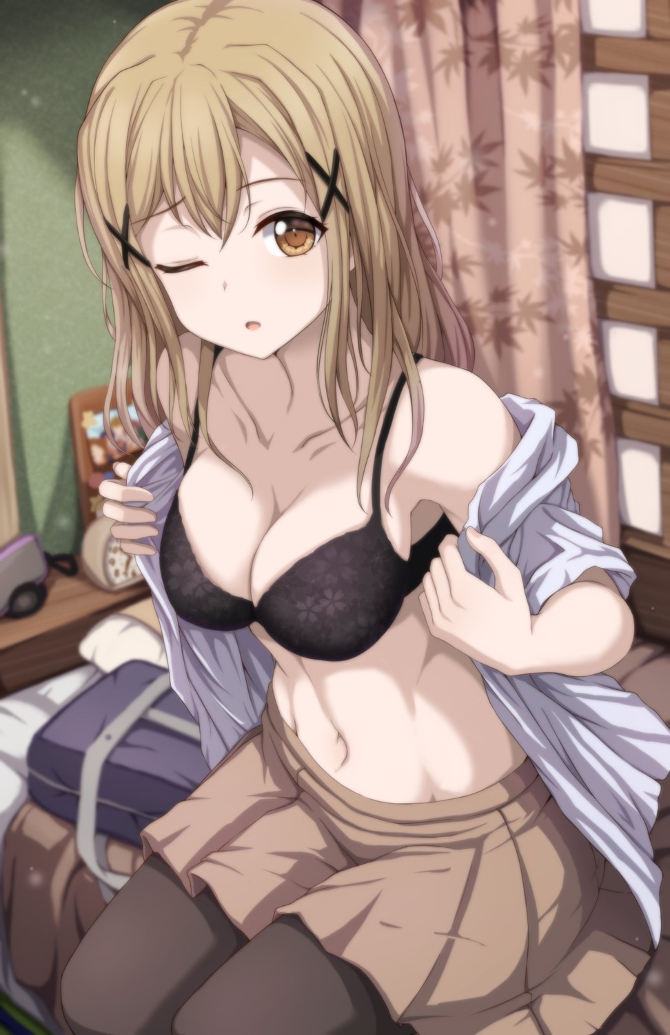 bang_dream! bra ichigaya_arisa narafume open_shirt pantyhose seifuku undressing