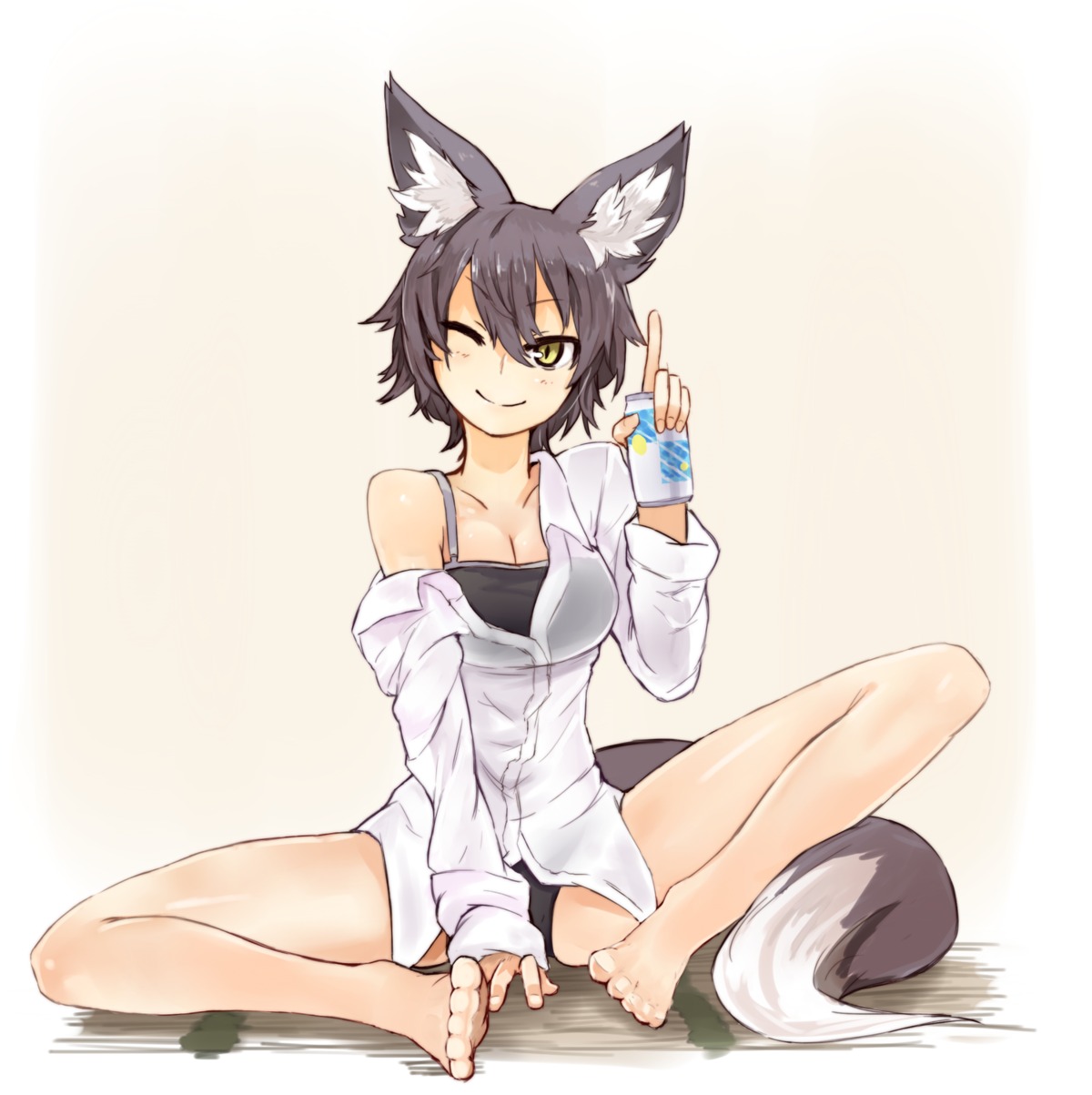 animal_ears bra cleavage dress_shirt feet nanashi_(shirogane_usagi) open_shirt pantsu shirogane_usagi tail