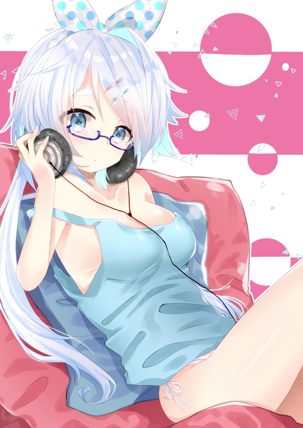 abe_suke cleavage headphones megane no_bra pantsu string_panties