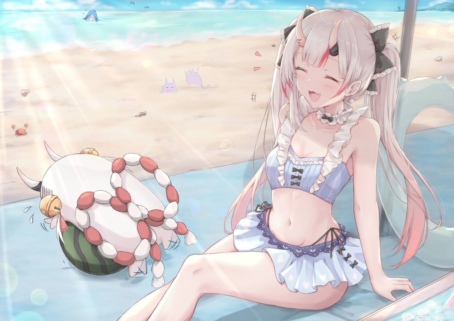 bikini cleavage gawr_gura hakuya_(white_night) hololive hololive_english horns nakiri_ayame swimsuits