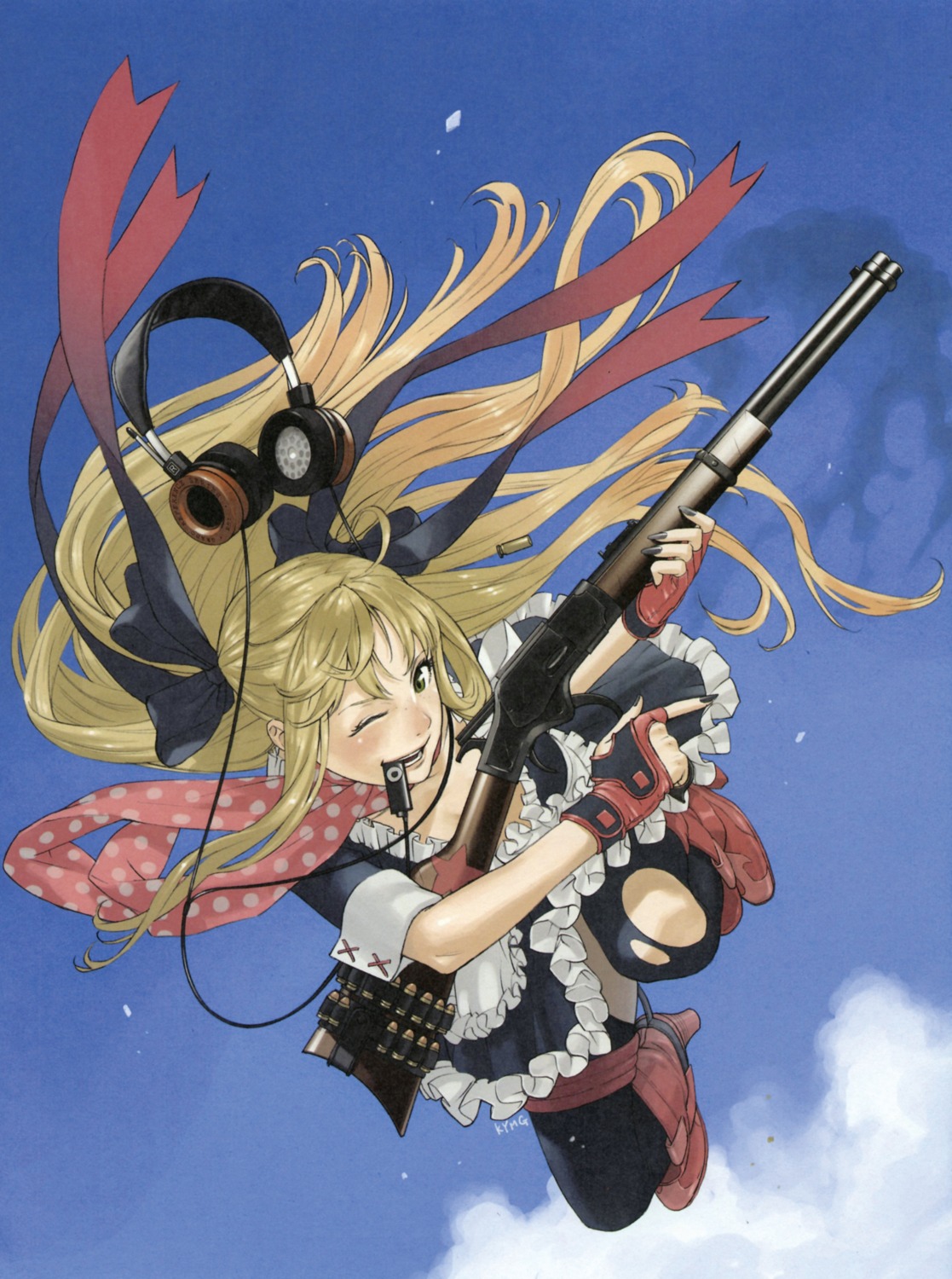 gun headphones kozaki_yuusuke scanning_artifacts torn_clothes